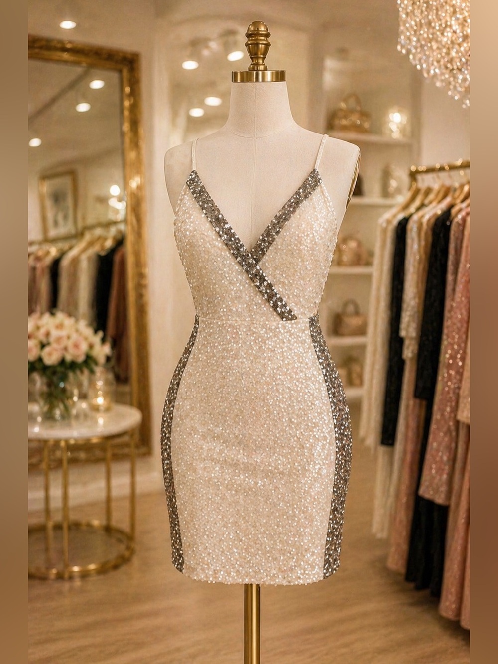 Gianni Bini Sequin Mini Dress Cream Silver Size 4 Party Cocktail